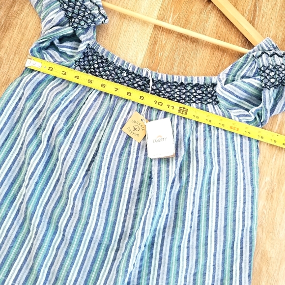 Faherty Presley Top Blue Coast Stripe Babydoll Square Neck Boho Smocked Organic - Picture 9 of 14